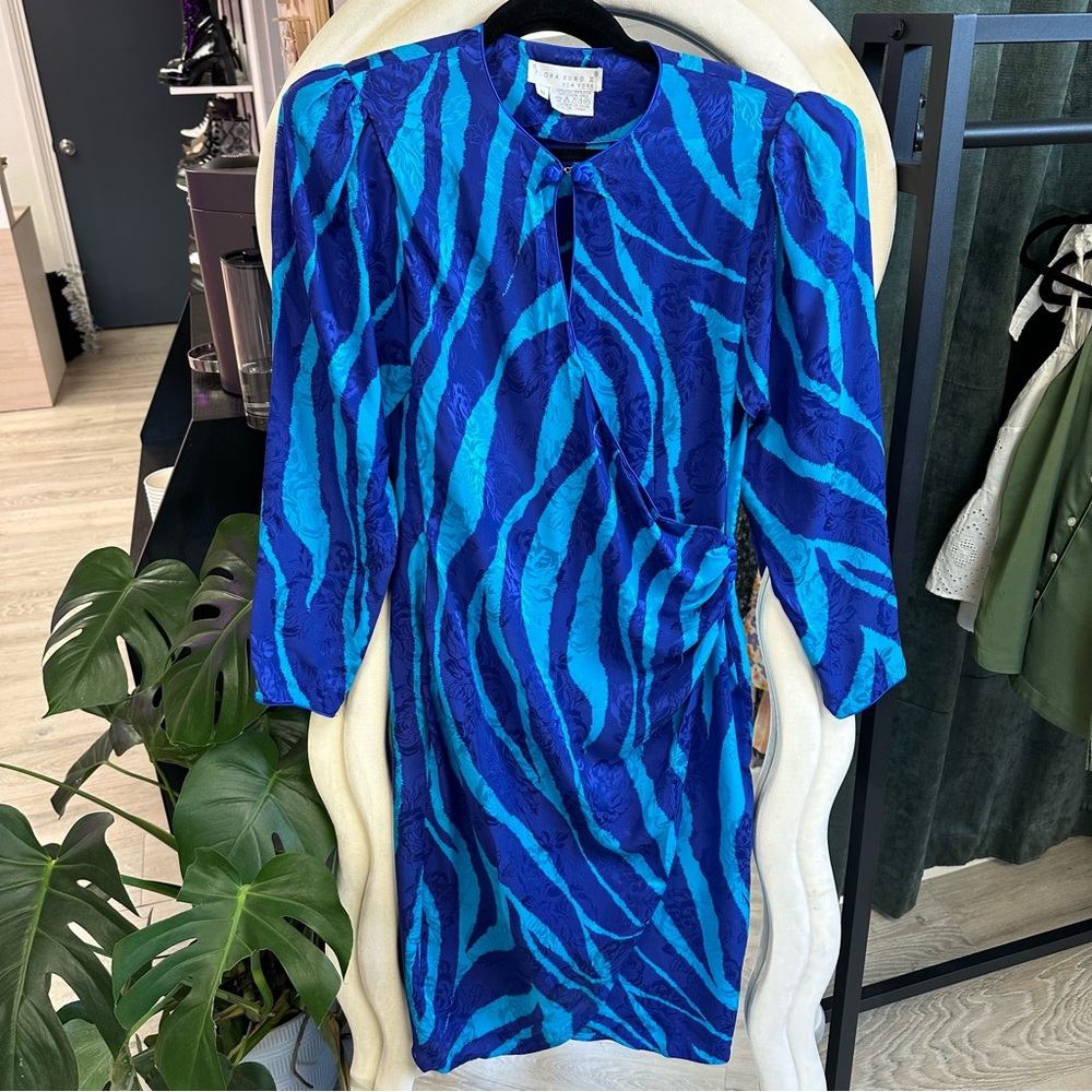 Vintage Flora Kung blue silk wrap dress
